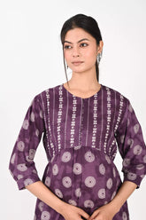 Ofably Front Chain Maternity Cum Feeding Cotton Kurti- Purple (OFMK168)