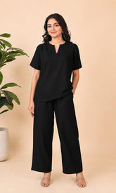 Black Notch Neck Relaxed Co-ord Set with Wide-Leg Trousers