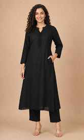 Black cotton A-line kurta with lace detailing front view