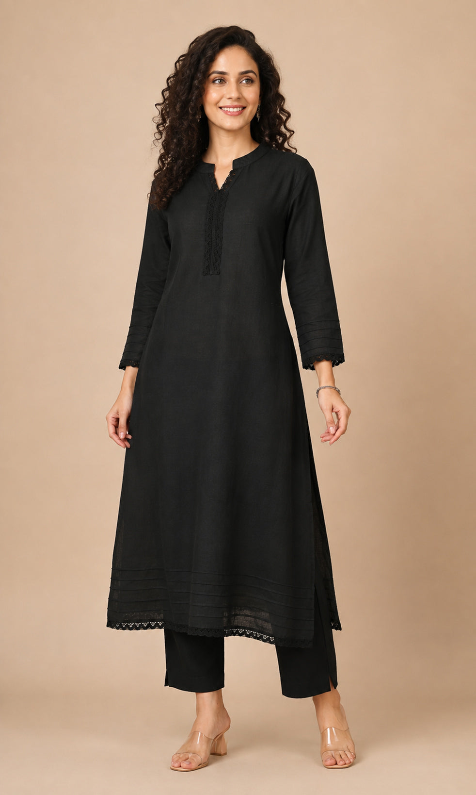 Black cotton A-line kurta front neckline and lace placket detail