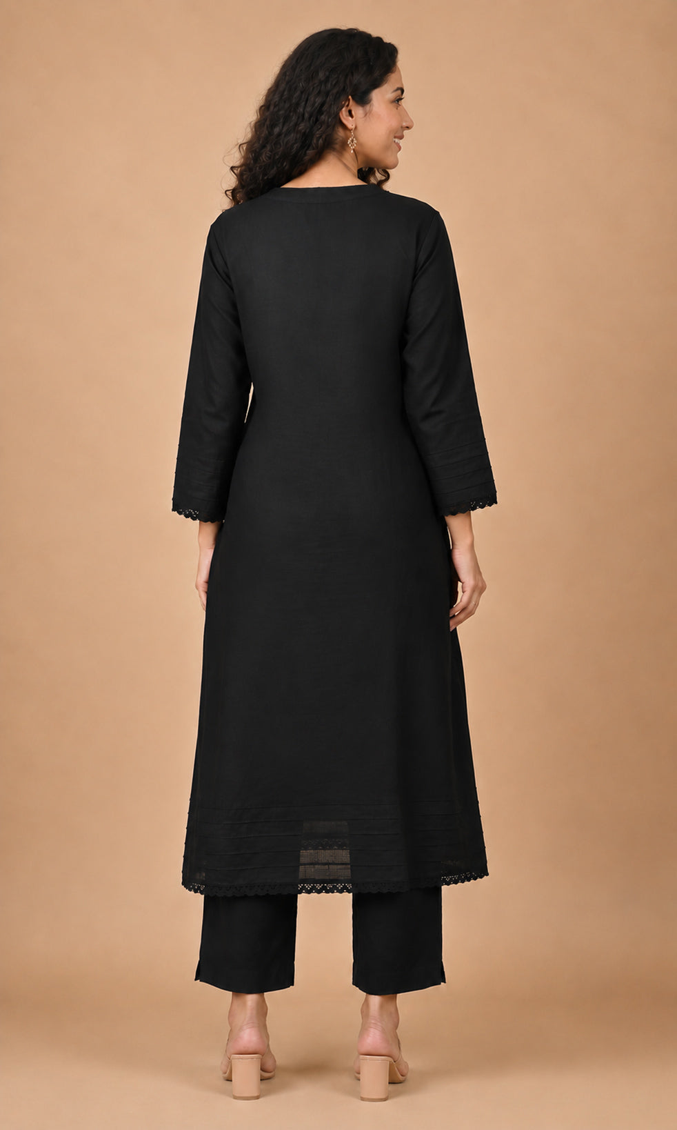 Black A-line cotton kurta full sleeve and lace cuff detail