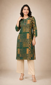 Green Printed Cotton Kurta with Front Yoke Detailing
