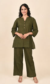 Olive Green Cotton Co-Ord Set with Button-Front Top & Wide-Leg Pants