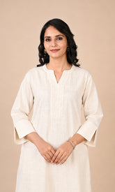 Off White Cotton A-Line Kurta with Front Placket