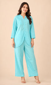 Sky Blue Cotton Co-Ord Set with Pintuck-Detail Top & Wide-Leg Pants