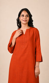 Terracotta Orange Cotton A-Line Kurta with Front Placket