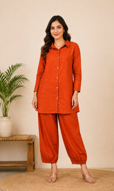 Terracotta Orange Button-Down Co-ord Set with Relaxed Top & Ankle-Length Pants