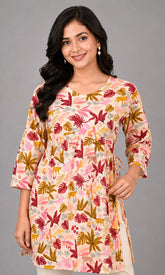 White Cotton A-Line Kurti with Multicolour Floral Print