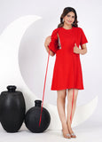 Ofably 100% Cotton Solid Maternity Short Dress - Red Solid (OMD018)