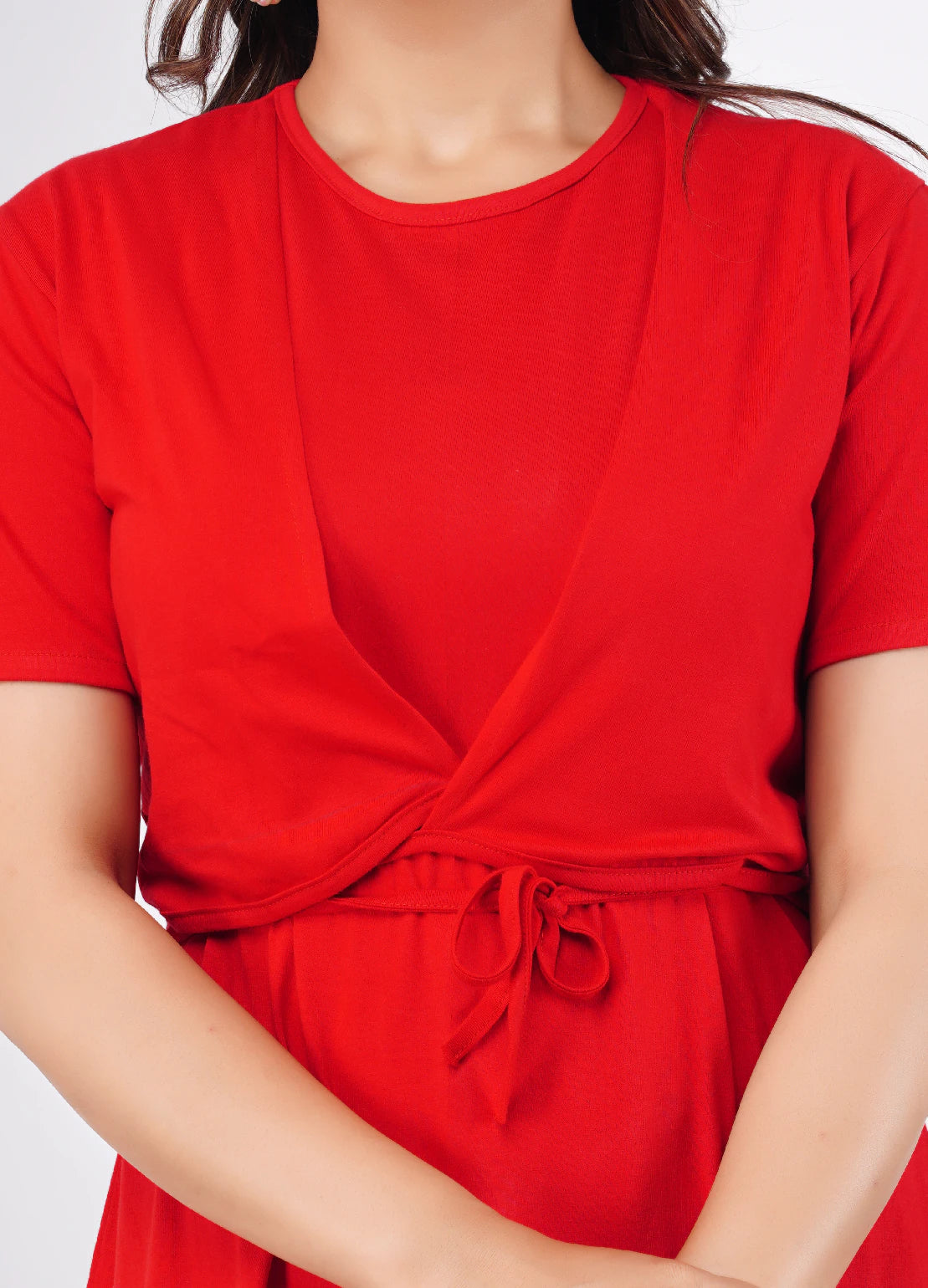 Ofably Red solid cotton maternity short dress – product image