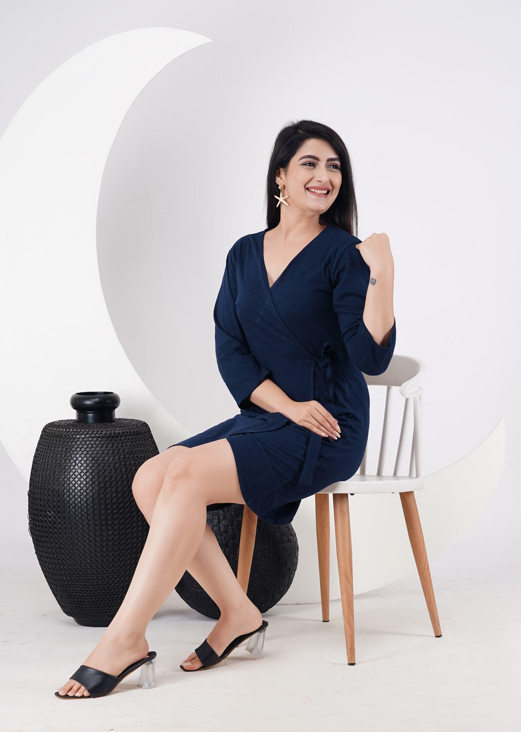Ofably Navy Blue front-open cotton maternity dress – product image