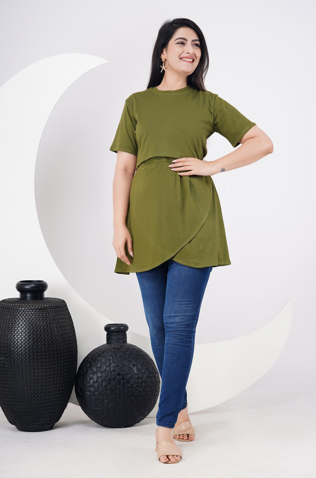 Ofably Olive Green cotton maternity stylish top – product image