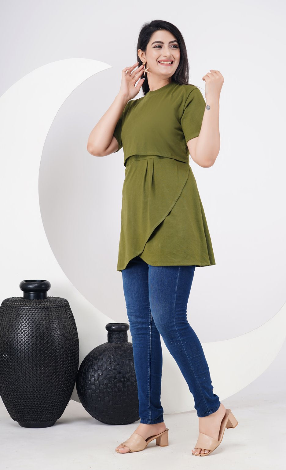 Ofably Olive Green cotton maternity stylish top – product image