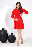Ofably 100% Cotton Solid Maternity Short Dress With Front Belt - Red (OMD021)