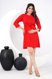 Ofably 100% Cotton Solid Maternity Short Dress With Front Belt - Red (OMD021)