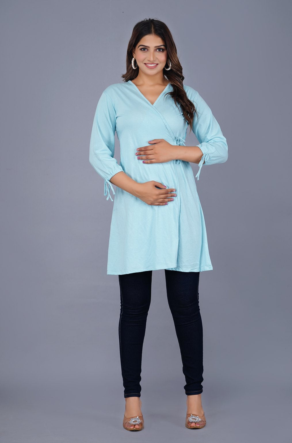 Ofably Light Blue cotton maternity long top – product image