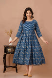Ofably Blue Leaf Print Cotton Maternity Feeding Kurti(TUL002)