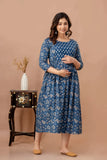 Ofably Blue Leaf Print Cotton Maternity Feeding Kurti(TUL002)