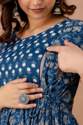 Ofably Blue Leaf Print Cotton Maternity Feeding Kurti(TUL002)
