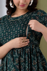 Ofably Cotton Maternity Cum Feeding Kurt Dress (Green)(LUXT02)