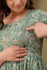 Ofably Light Green with White Print Cotton Maternity Feeding Kurti (LUX0017)