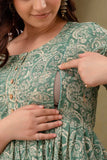 Ofably Light Green with White Print Cotton Maternity Feeding Kurti (LUX0017)