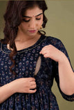 Ofably Cotton Maternity Cum Feeding Dress (Dark Blue)(LUX006)