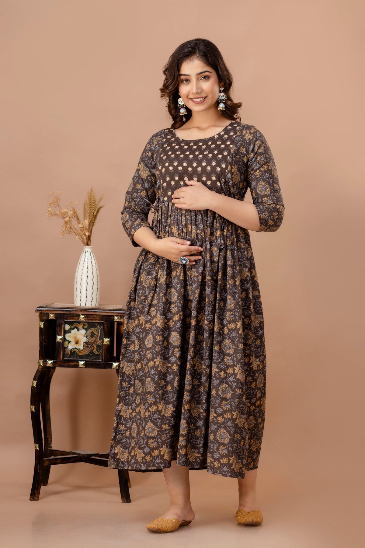 Ofably Pure Cotton Maternity Cum Feeding Kurti -Brown Leaf (OFMK116}