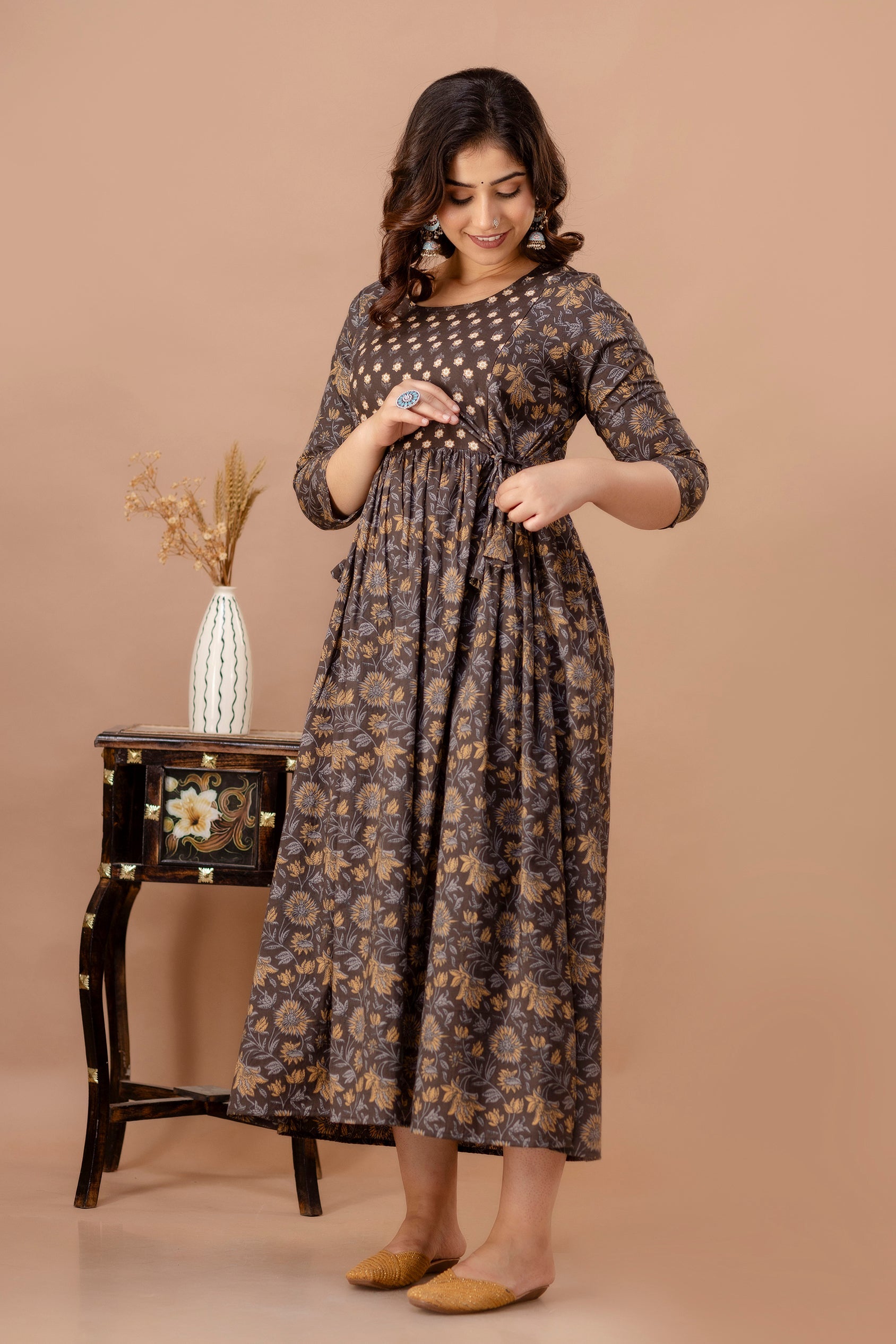 Ofably Pure Cotton Maternity Cum Feeding Kurti -Brown Leaf (OFMK116}