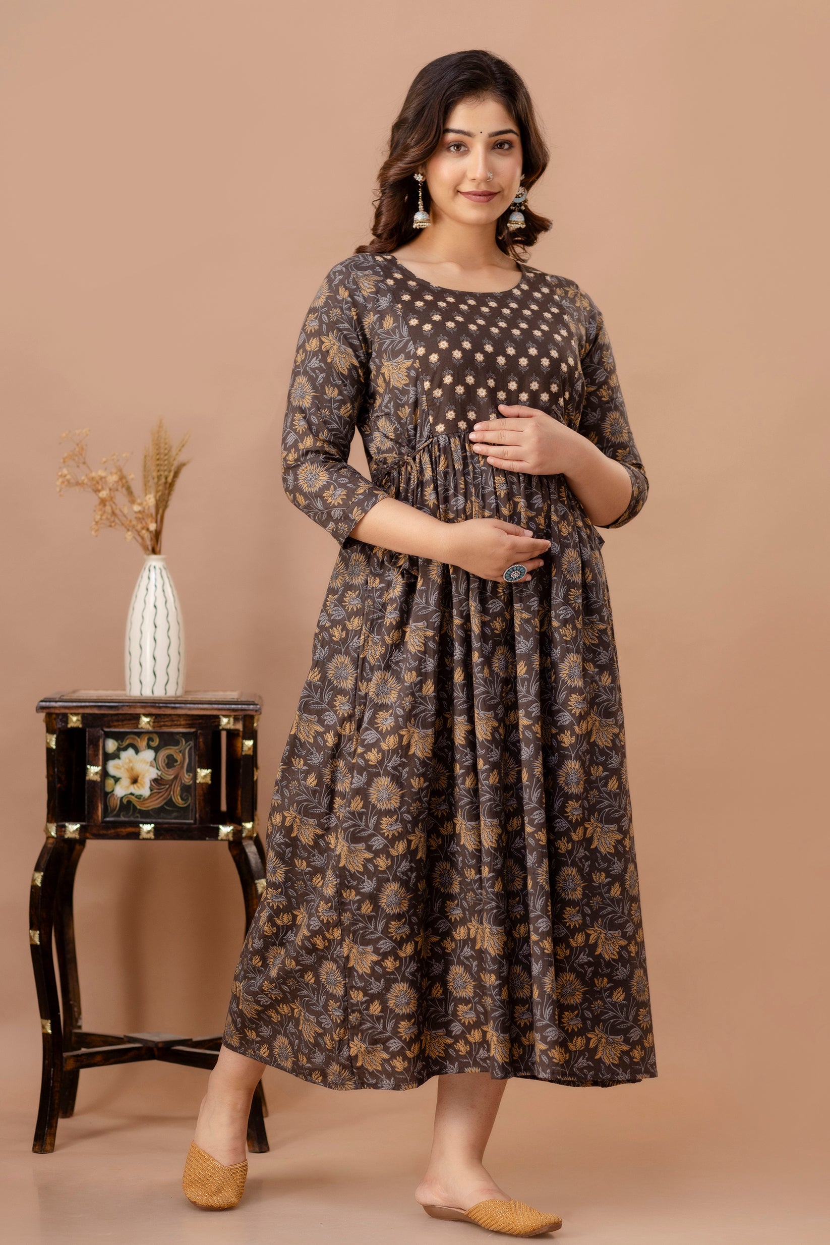 Ofably Pure Cotton Maternity Cum Feeding Kurti -Brown Leaf (OFMK116}