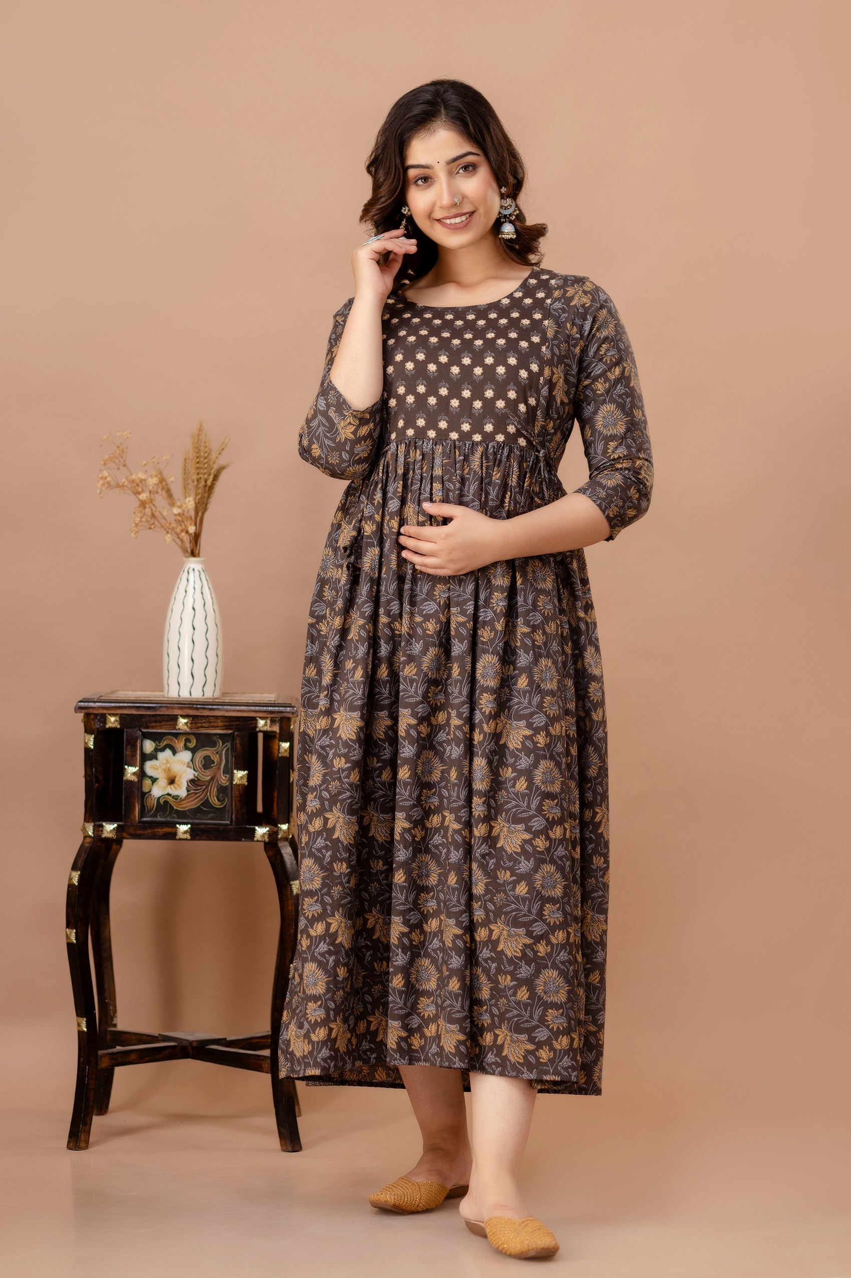 Ofably Pure Cotton Maternity Cum Feeding Kurti -Brown Leaf (OFMK116}