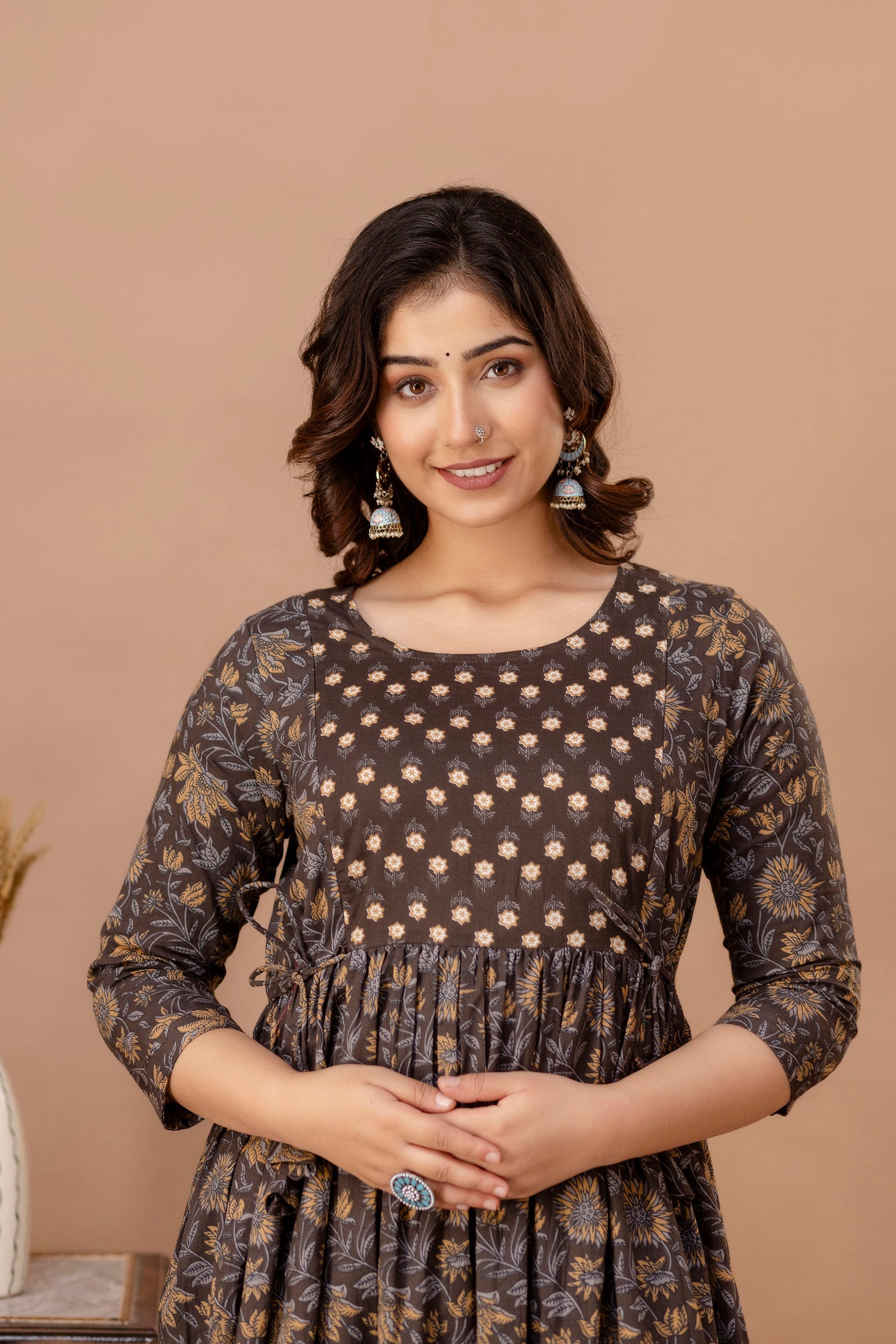 Ofably Pure Cotton Maternity Cum Feeding Kurti -Brown Leaf (OFMK116}