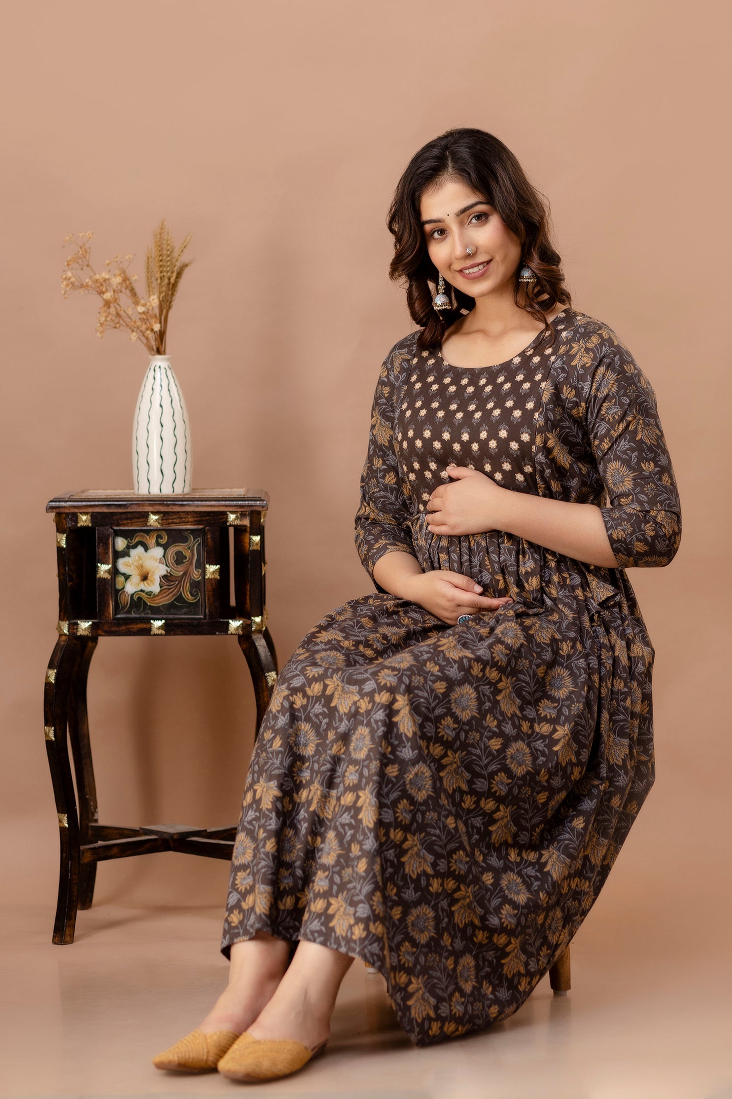 Ofably Pure Cotton Maternity Cum Feeding Kurti -Brown Leaf (OFMK116}