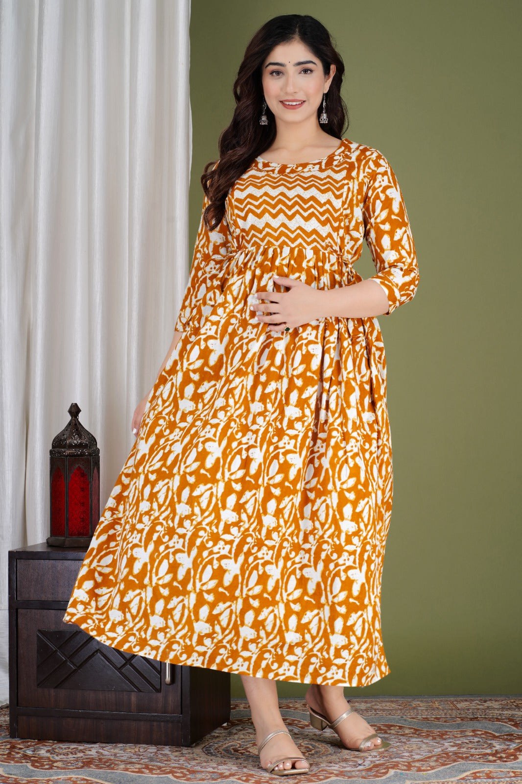 Ofably Pure Cotton Maternity Cum Feeding Kurti - Yellowish (OFMK091}