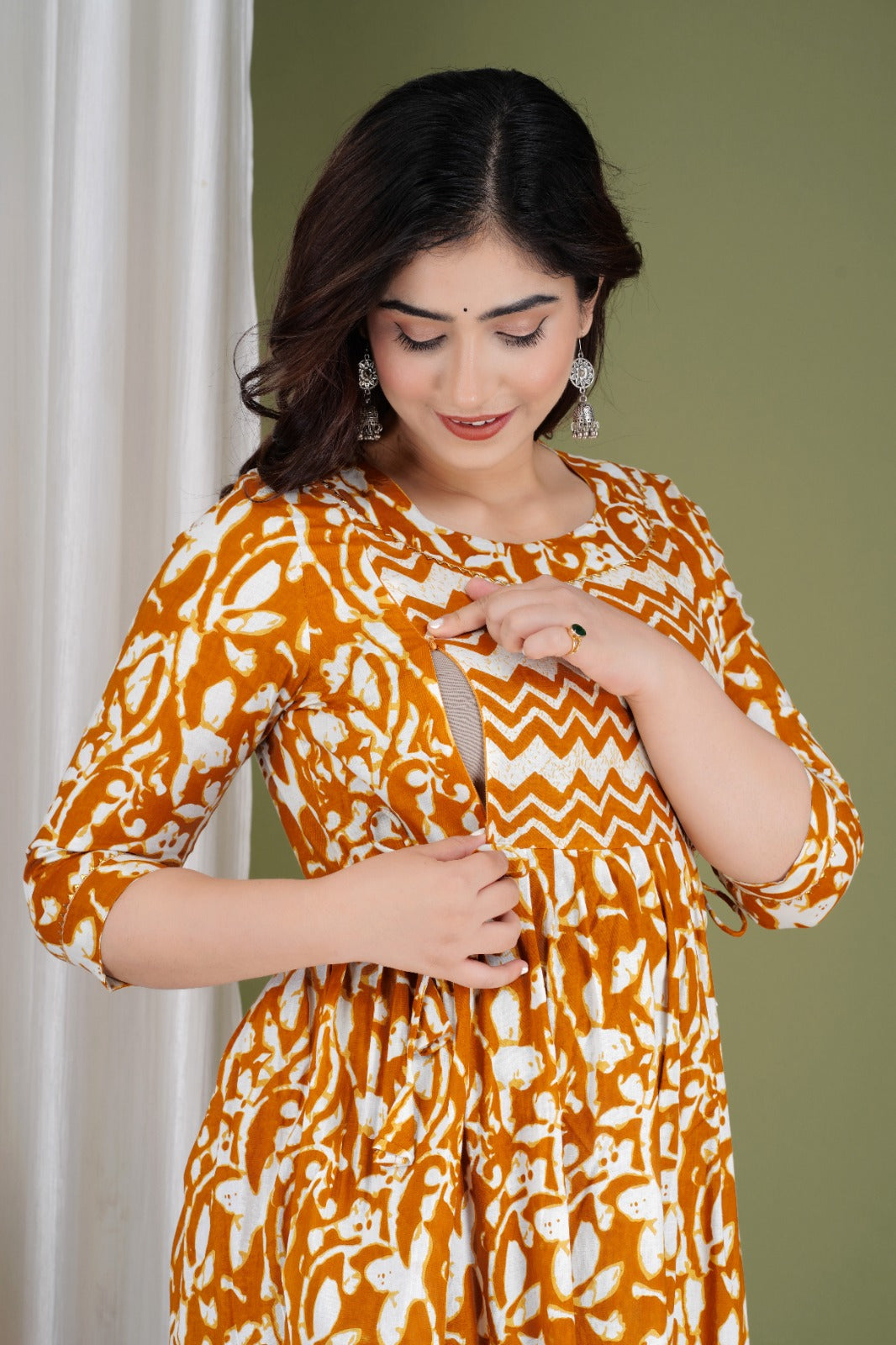 Ofably Pure Cotton Maternity Cum Feeding Kurti - Yellowish (OFMK091}