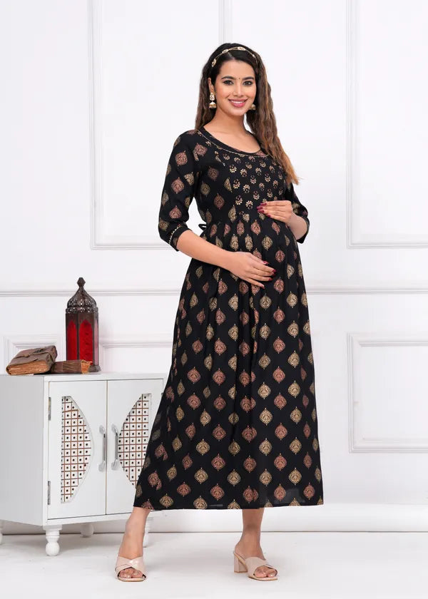 Ofably Rayon Maternity Cum Feeding Kurti -Black (OFMK082}