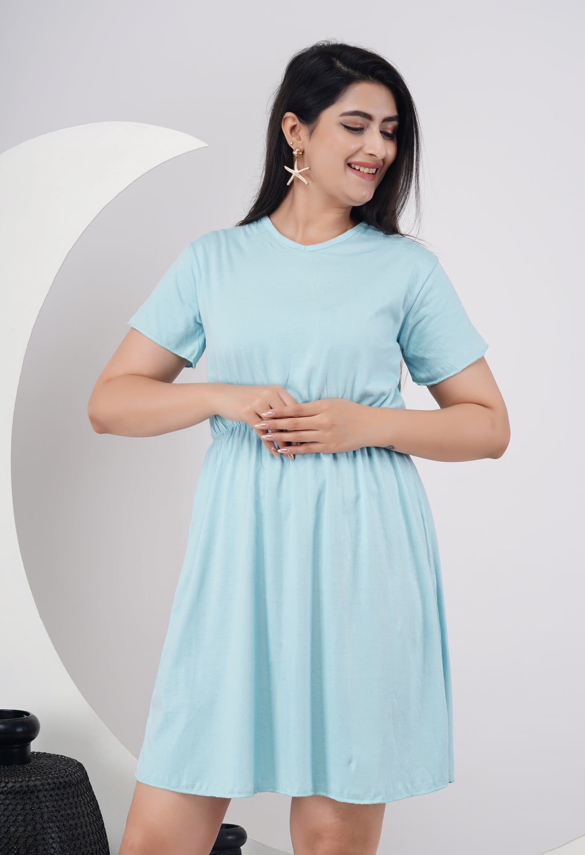 Ofably 100% Cotton Solid Maternity Dress - Light Blue (OMD017)