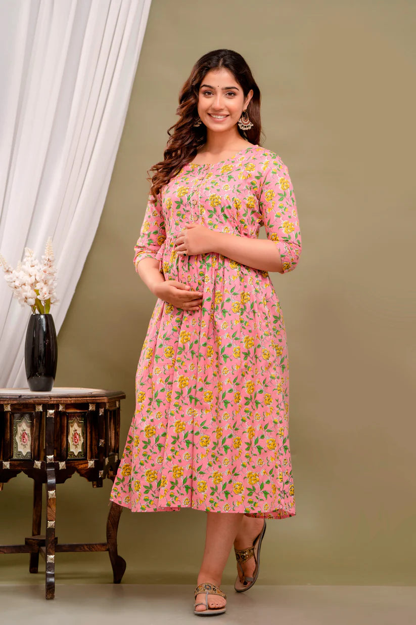Ofably Pure Cotton Maternity Cum Feeding Kurti -Coral Pink(OFMK052)