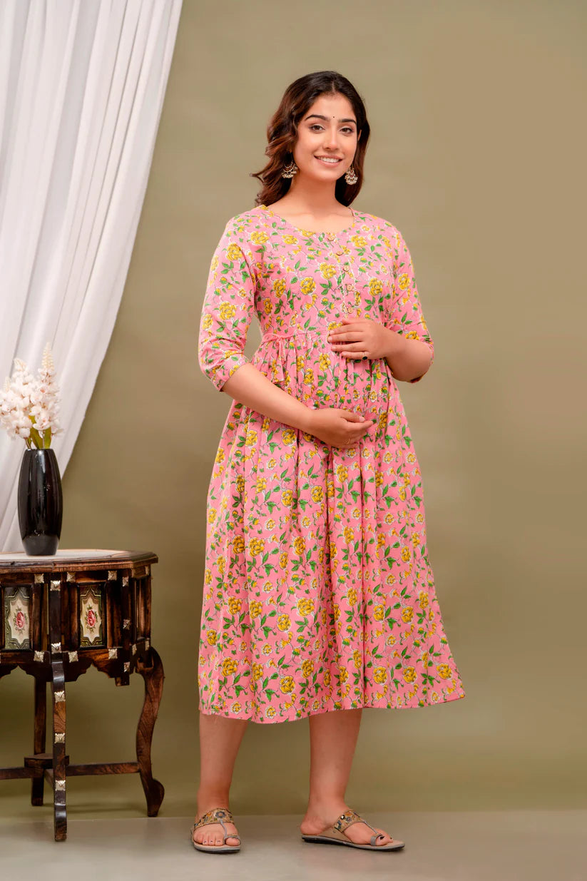 Ofably Pure Cotton Maternity Cum Feeding Kurti -Coral Pink(OFMK052)