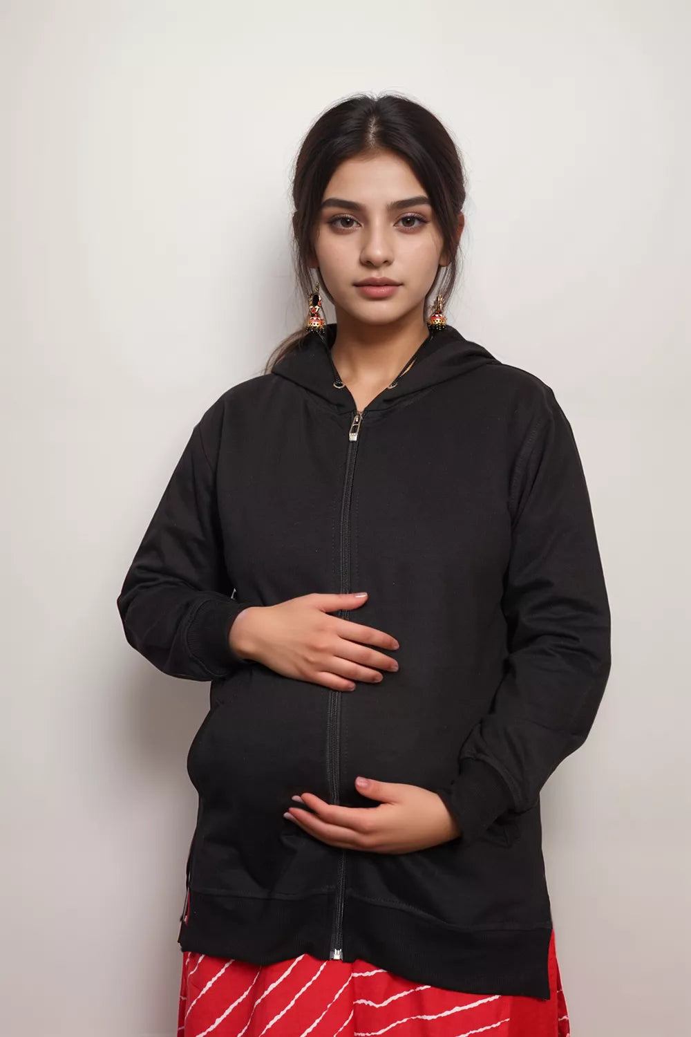 Ofably Solid Cotton Maternity Nursing Zipper Hoodie- Black (OFMH0BLCKZIPR08)