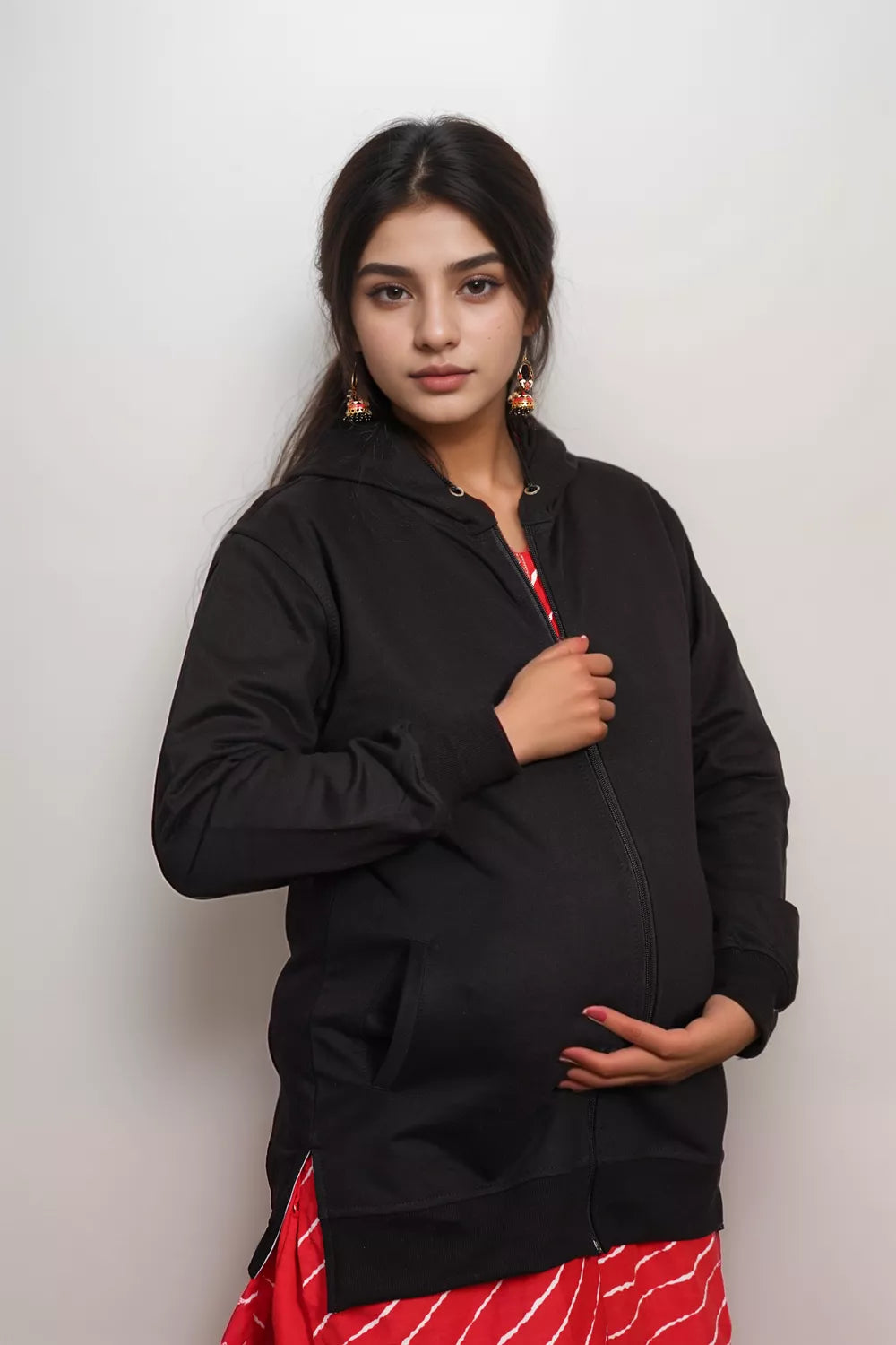 Ofably Solid Cotton Maternity Nursing Zipper Hoodie- Black (OFMH0BLCKZIPR08)