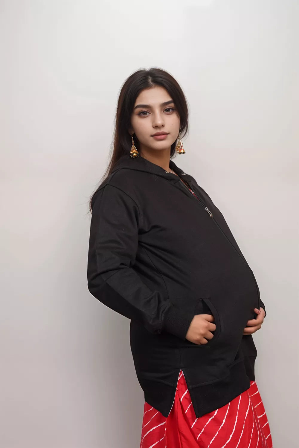 Ofably Solid Cotton Maternity Nursing Zipper Hoodie- Black (OFMH0BLCKZIPR08)