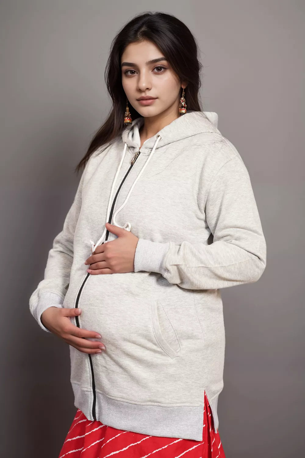 Ofably Solid Cotton Maternity Nursing Zipper Hoodie- Light Grey (OFMH0LGRYZIPR09)