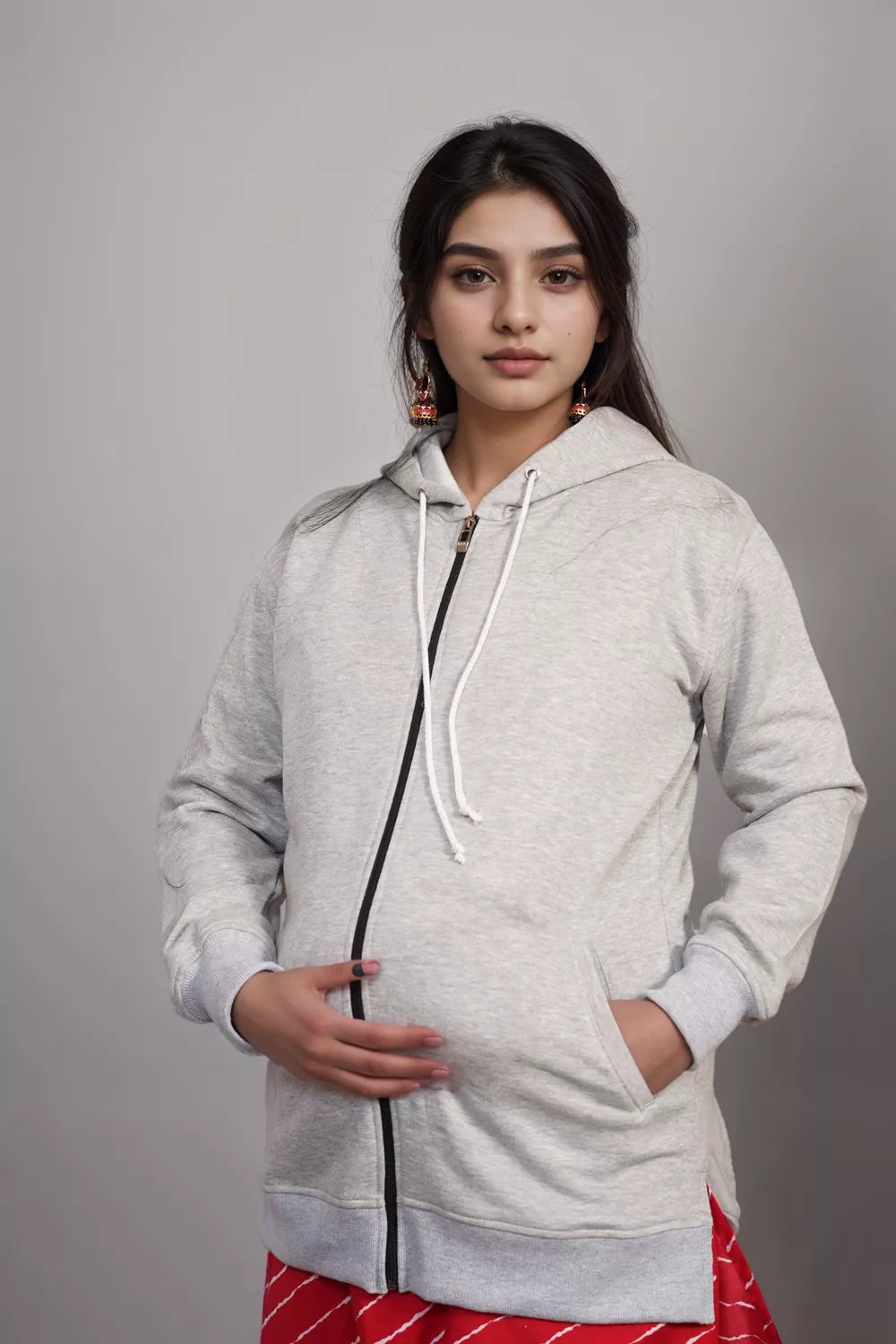 Ofably Solid Cotton Maternity Nursing Zipper Hoodie- Light Grey (OFMH0LGRYZIPR09)