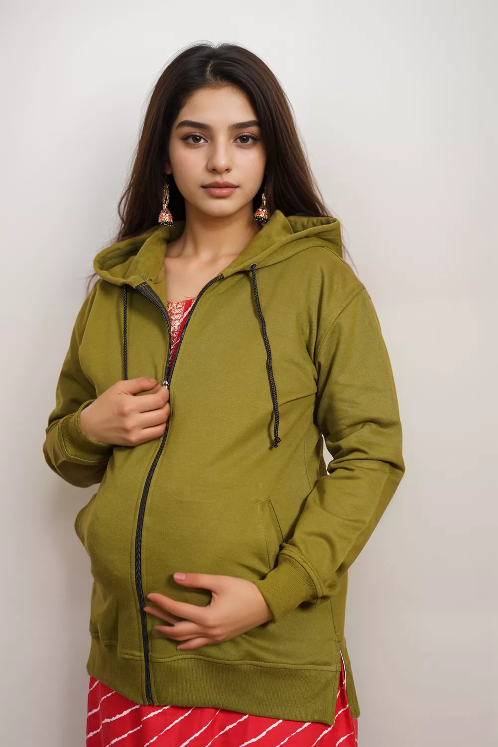 Ofably Solid Cotton Maternity Nursing Zipper Hoodie- Olive Green (OFMH0OLVEZIPR07)