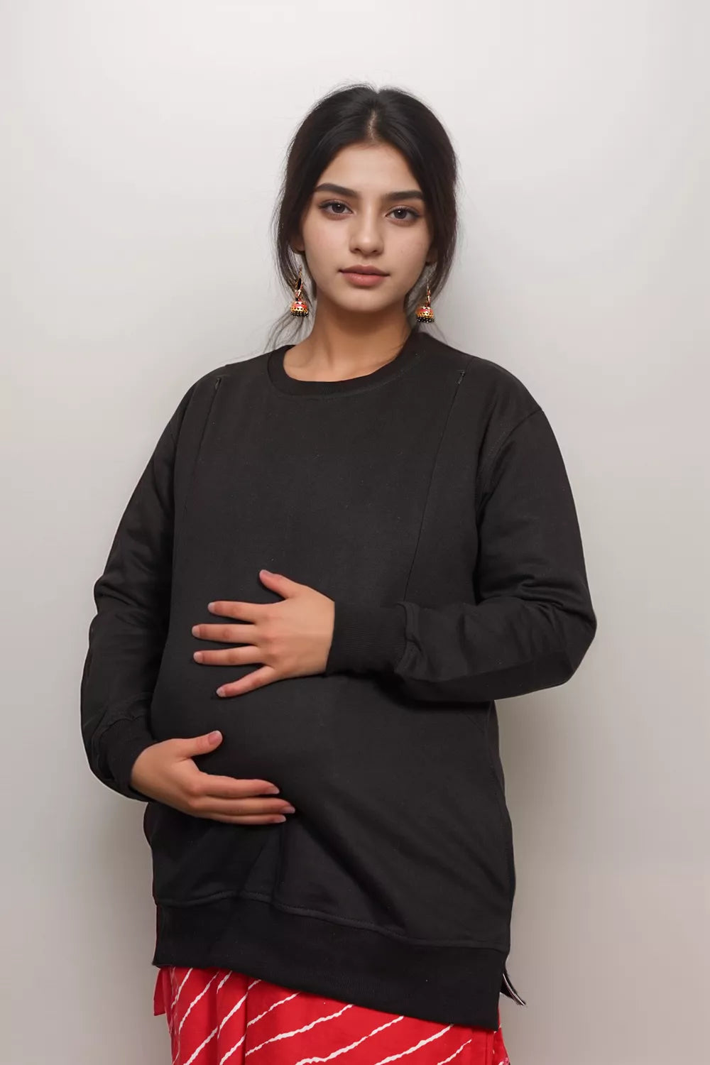 Ofably Solid Cotton Maternity Nursing Sweatshirt- Black (OFMH0BLCKSWT05)