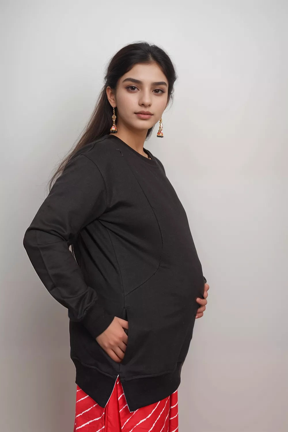 Ofably Solid Cotton Maternity Nursing Sweatshirt- Black (OFMH0BLCKSWT05)