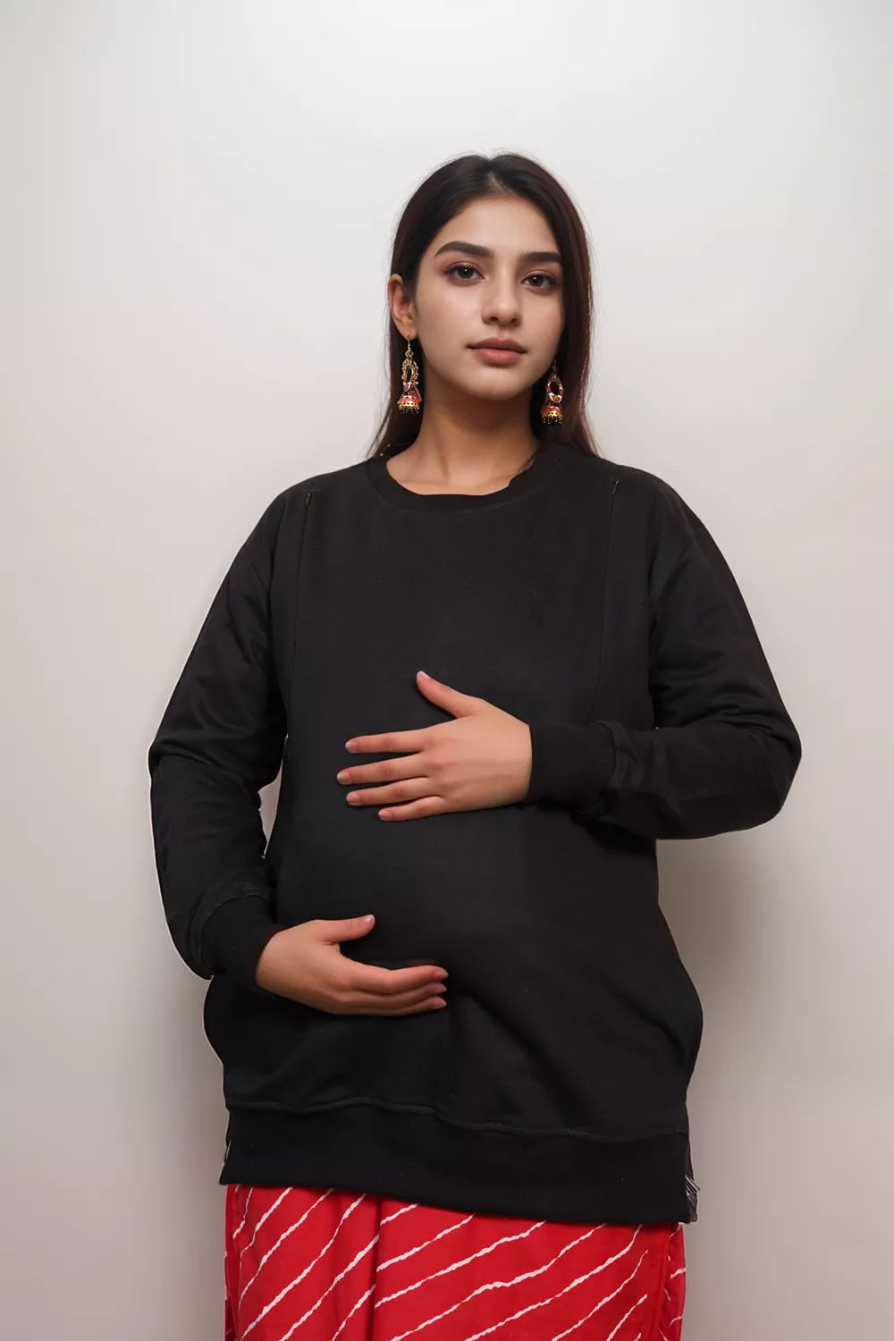 Ofably Solid Cotton Maternity Nursing Sweatshirt- Black (OFMH0BLCKSWT05)