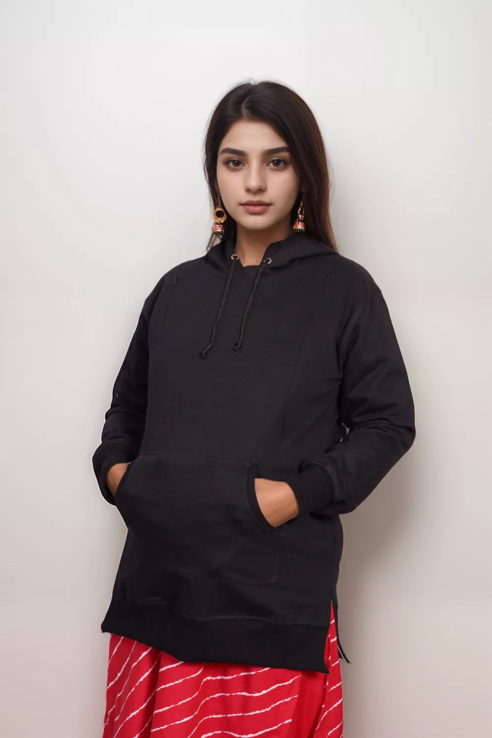 Ofably Solid Cotton Maternity Nursing Hoodie- Black (OFMH0BLCKHD01)