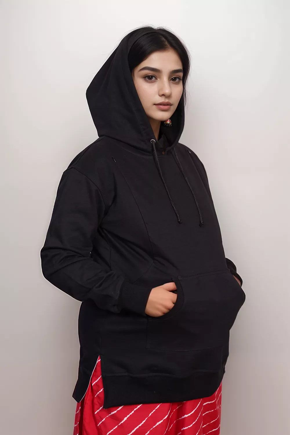 Ofably Solid Cotton Maternity Nursing Hoodie- Black (OFMH0BLCKHD01)